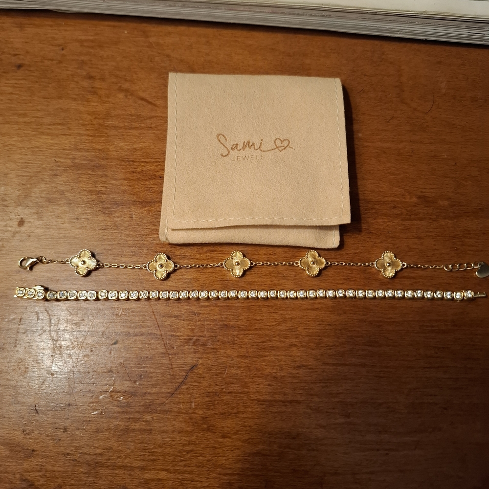 Ami Gold Clover Link and Crystal Tennis Bracelet Set